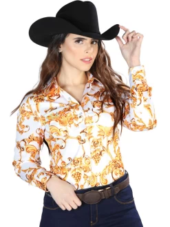Camisa Vaquera Manga Larga Estampada Floral Blanco Hueso/Oro Para Mujer 'El Señor De Los Cielos' - ID: 44062