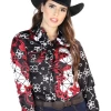 Camisa Vaquera Manga Larga Estampada Floral Burgandy/Negro Para Mujer 'El Señor De Los Cielos' - ID: 44078