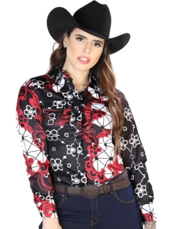 Camisa Vaquera Manga Larga Estampada Floral Burgandy/Negro Para Mujer 'El Señor De Los Cielos' - ID: 44078