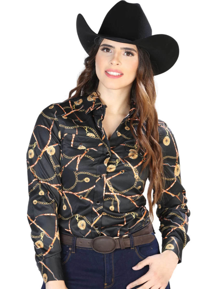 Camisa Vaquera Manga Larga Estampada Floral Negro/Blanco Para Mujer 'El Señor De Los Cielos' - ID: 44088