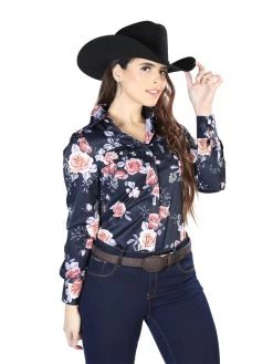 Camisa Vaquera Manga Larga Estampada Floral Azul Marino/Rosas Para Mujer 'El Señor De Los Cielos' - ID: 44090