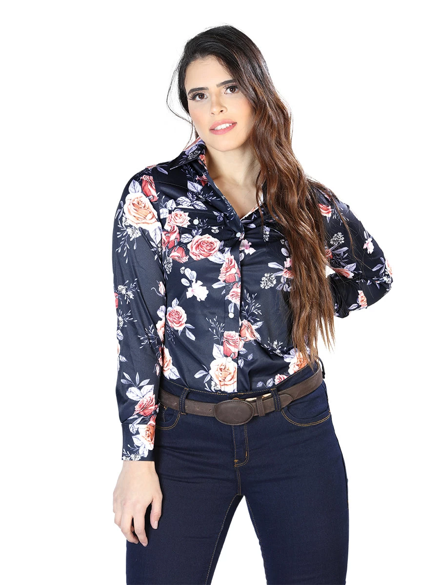 Camisa Vaquera Manga Larga Estampada Floral Azul Marino/Rosas Para Mujer 'El Señor De Los Cielos' - ID: 44090 - Imagen 2