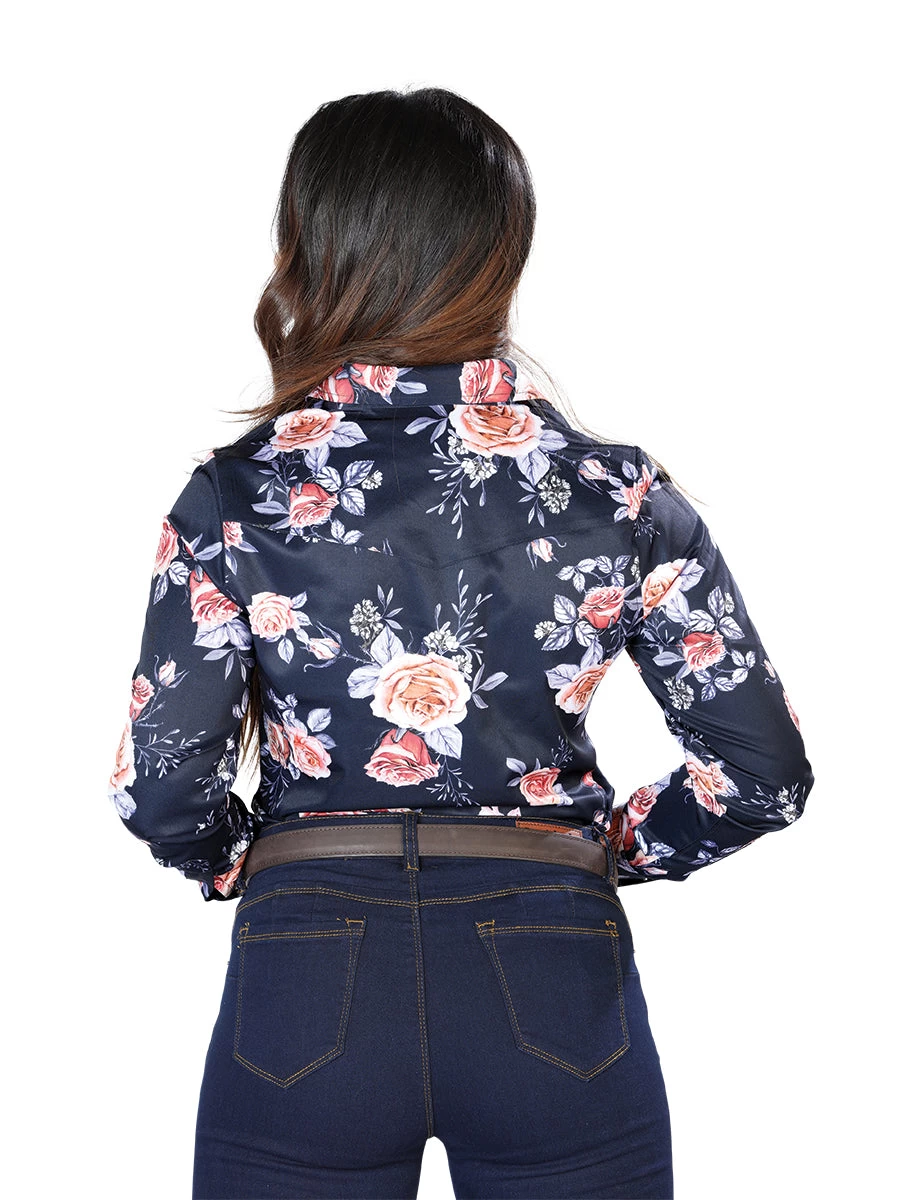 Camisa Vaquera Manga Larga Estampada Floral Azul Marino/Rosas Para Mujer 'El Señor De Los Cielos' - ID: 44090 - Imagen 3