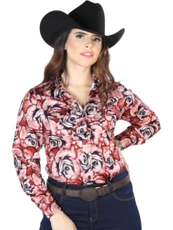 Camisa Vaquera Manga Larga Estampada Floral Rojo/Negro Para Mujer 'El Señor De Los Cielos' - ID: 44099
