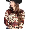 Camisa Vaquera Manga Larga Estampada Floral Burgandy/Oro Para Mujer 'El Señor De Los Cielos' - ID: 44105
