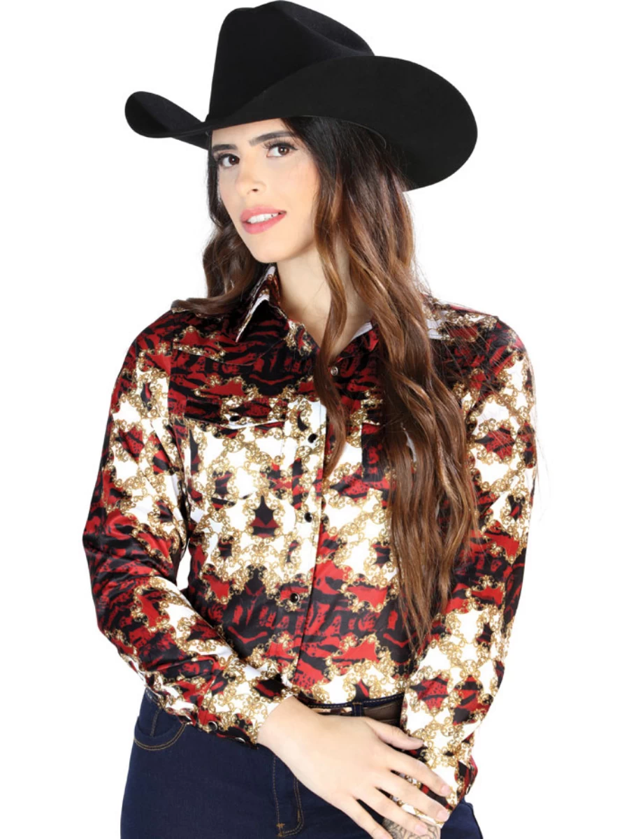 Camisa Vaquera Manga Larga Estampada Floral Burgandy/Oro Para Mujer 'El Señor De Los Cielos' - ID: 44105