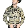 Camisa Vaquera Manga Larga Estampada Cachemir Oro/Negro Para Hombre 'El Señor De Los Cielos' - ID: 44106