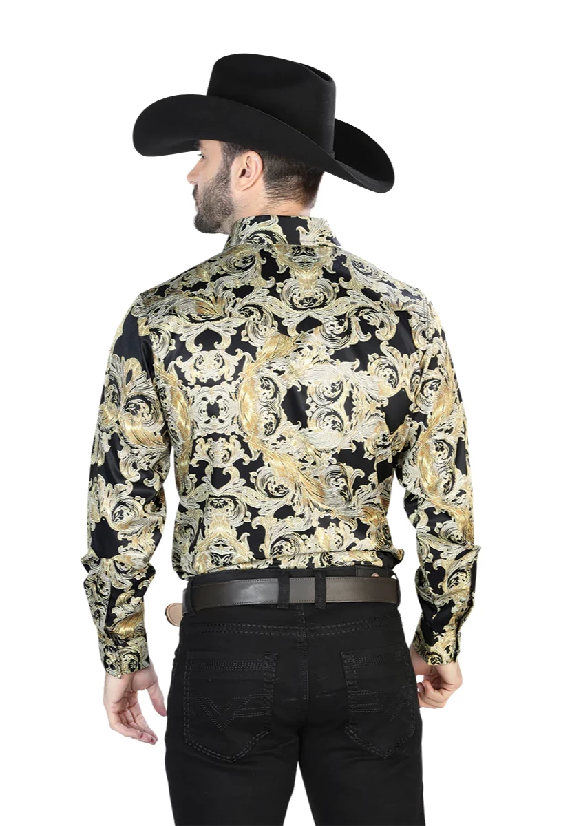 Camisa Vaquera Manga Larga Estampada Cachemir Oro/Negro Para Hombre 'El Señor De Los Cielos' - ID: 44106 - Imagen 2
