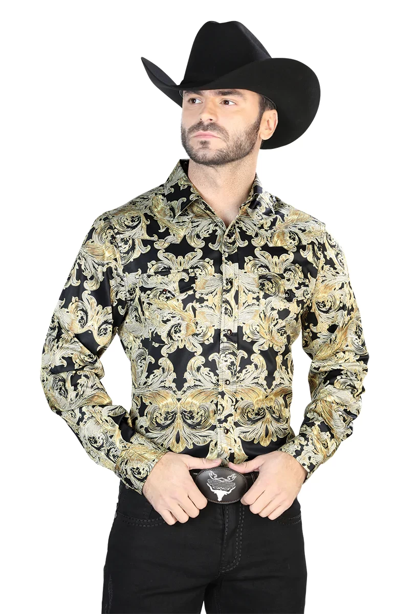 Camisa Vaquera Manga Larga Estampada Cachemir Oro/Negro Para Hombre 'El Señor De Los Cielos' - ID: 44106