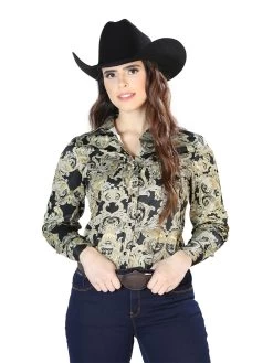 Camisa Vaquera Manga Larga Estampada Oro/Negro Para Mujer 'El Señor De Los Cielos' - ID: 44107