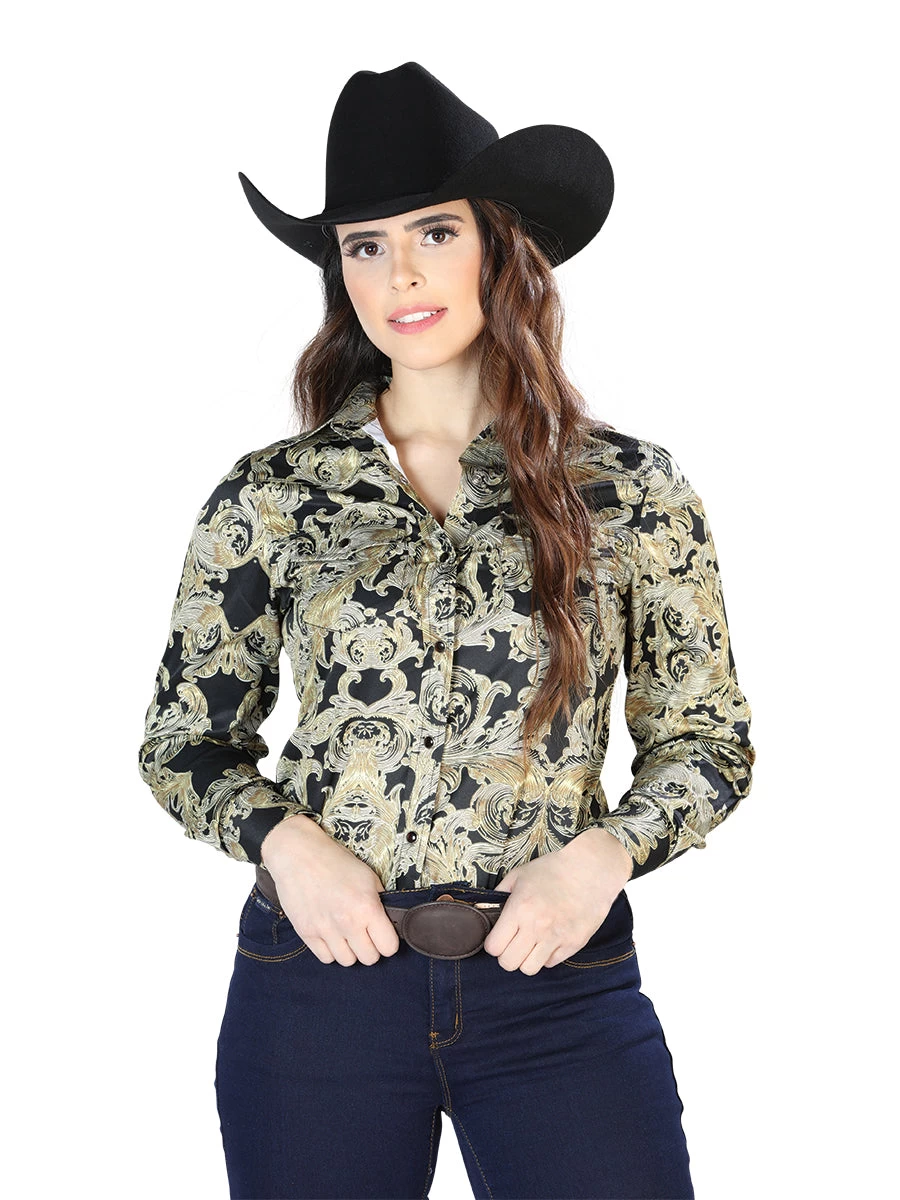 Camisa Vaquera Manga Larga Estampada Oro/Negro Para Mujer 'El Señor De Los Cielos' - ID: 44107