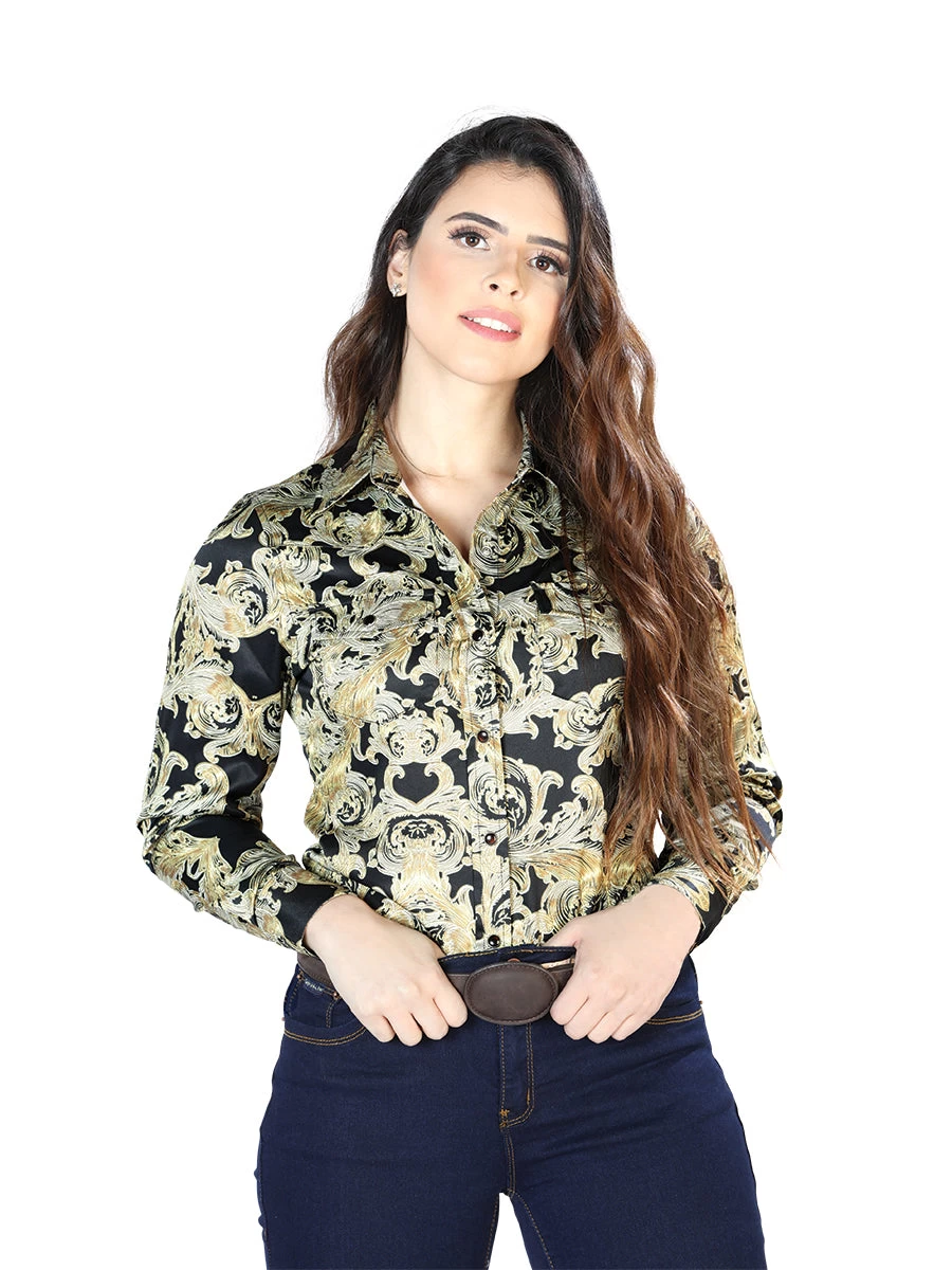 Camisa Vaquera Manga Larga Estampada Oro/Negro Para Mujer 'El Señor De Los Cielos' - ID: 44107 - Imagen 2