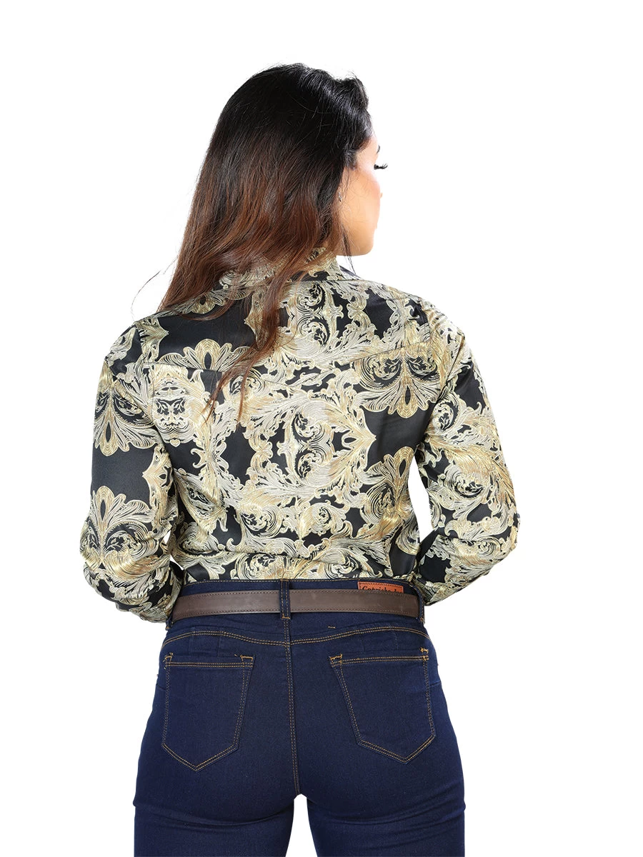 Camisa Vaquera Manga Larga Estampada Oro/Negro Para Mujer 'El Señor De Los Cielos' - ID: 44107 - Imagen 3