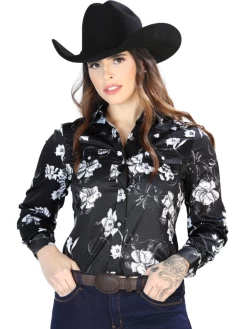Camisa Vaquera Manga Larga Estampada Floral Negro/Blanco Para Mujer 'El Señor De Los Cielos' - ID: 44110