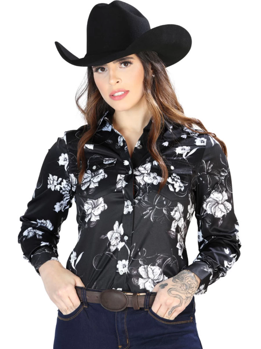 Camisa Vaquera Manga Larga Estampada Floral Negro/Blanco Para Mujer 'El Señor De Los Cielos' - ID: 44110