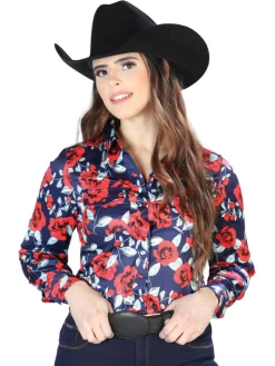 Camisa Vaquera Manga Larga Estampada Floral Negro/Rosas Para Mujer 'El Señor De Los Cielos' - ID: 44112