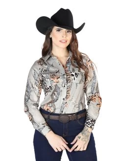 Camisa Vaquera Manga Larga Estampada Gris Pardo Para Mujer 'El Señor De Los Cielos' - ID: 44113