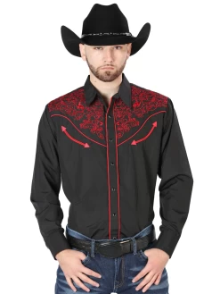 Camisa Vaquera Bordada Manga Larga Negro Para Hombre 'El Señor De Los Cielos' - ID: 44187
