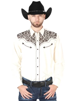 Camisa Vaquera Bordada Manga Larga Beige Para Hombre 'El Señor De Los Cielos' - ID: 44193