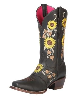 Botas Vaqueras Rodeo De Antifaz Con Tubo Bordado De Girasoles De Piel Genuina Para Mujer 'El General' - ID: 51144