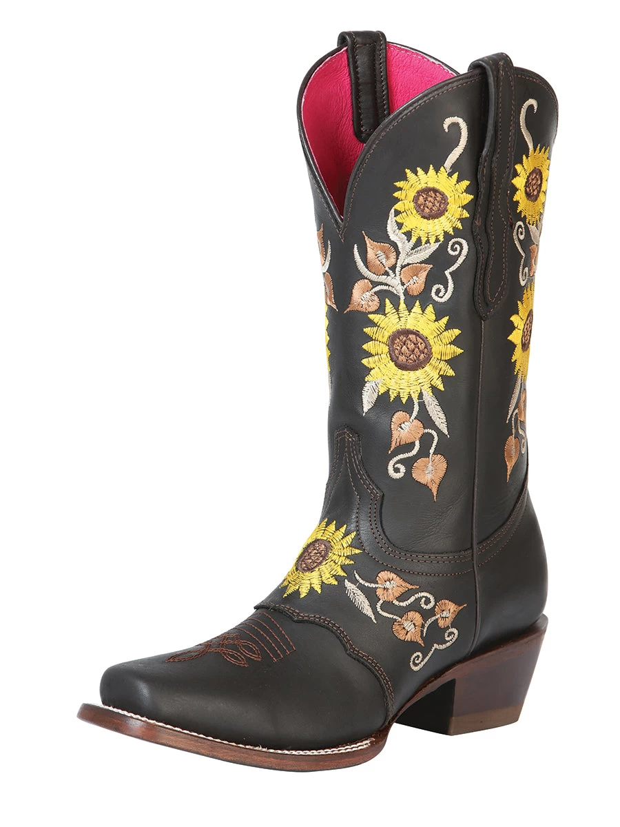 Botas Vaqueras Rodeo De Antifaz Con Tubo Bordado De Girasoles De Piel Genuina Para Mujer 'El General' - ID: 51144