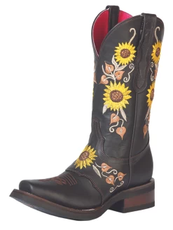 Botas Vaqueras Rodeo De Antifaz Con Tubo Bordado De Girasoles De Piel Genuina Para Mujer 'El General' - ID: 51149