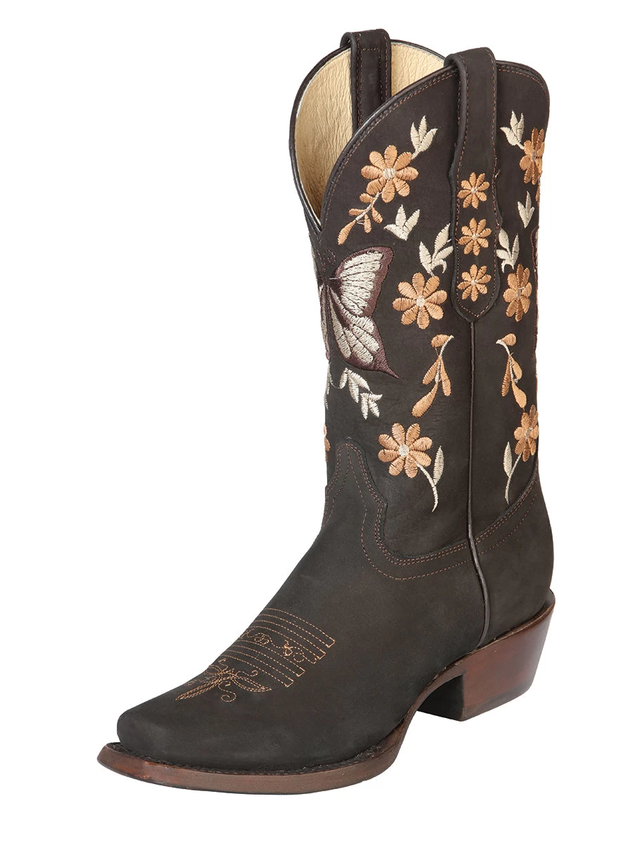 Botas Vaqueras Rodeo Con Tubo Bordado De Flores De Piel Nobuck Para Mujer 'El General' - ID: 51218