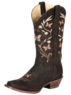 Botas Vaqueras Rodeo Con Tubo Bordado De Mariposas De Piel Nobuck Para Mujer 'El General' - ID: 51227