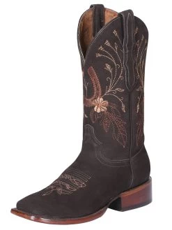 Botas Vaqueras Rodeo Con Tubo Bordado De Flores De Piel Nobuck Para Mujer 'Centenario' - ID: 124930