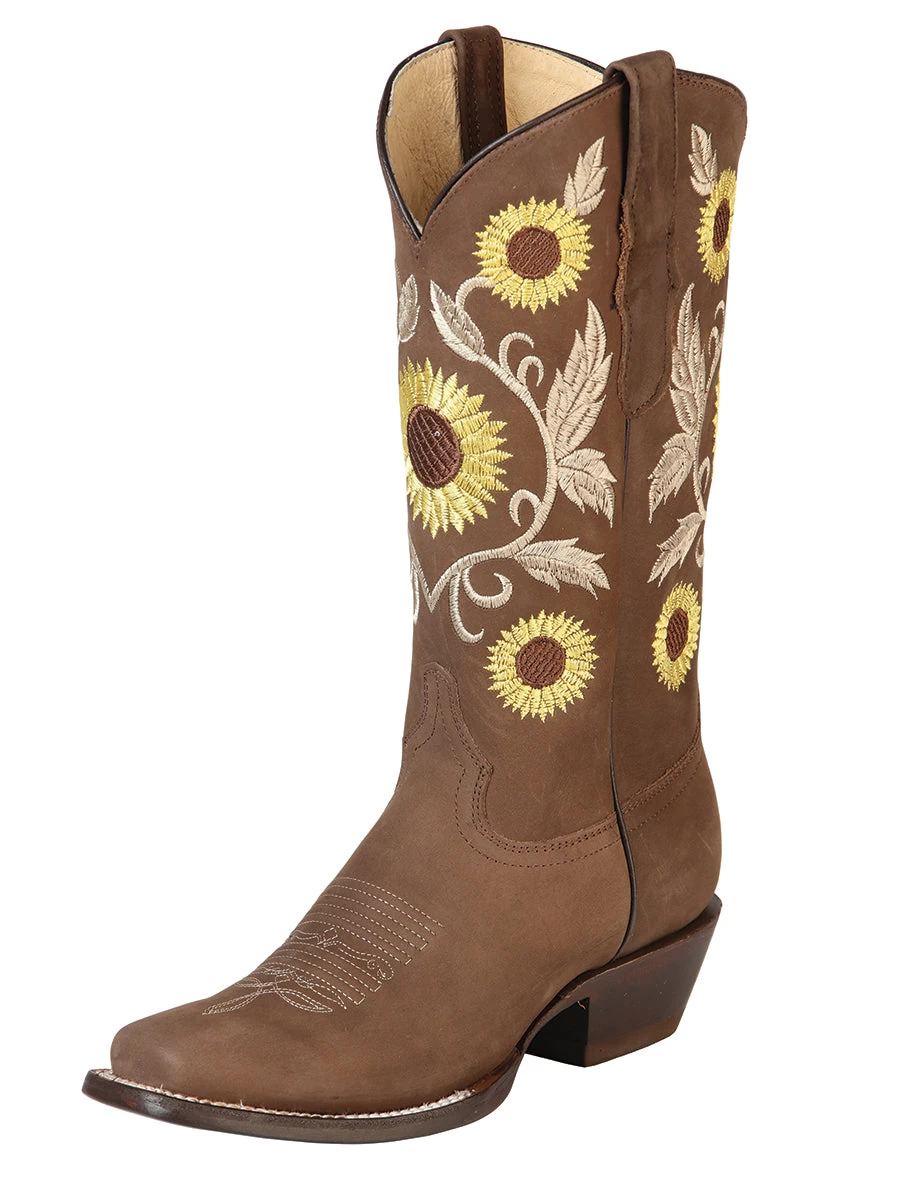 Botas Vaqueras Rodeo Retro Con Tubo Bordado De Girasoles De Piel Nobuck Para Mujer 'Centenario' - ID: 125771