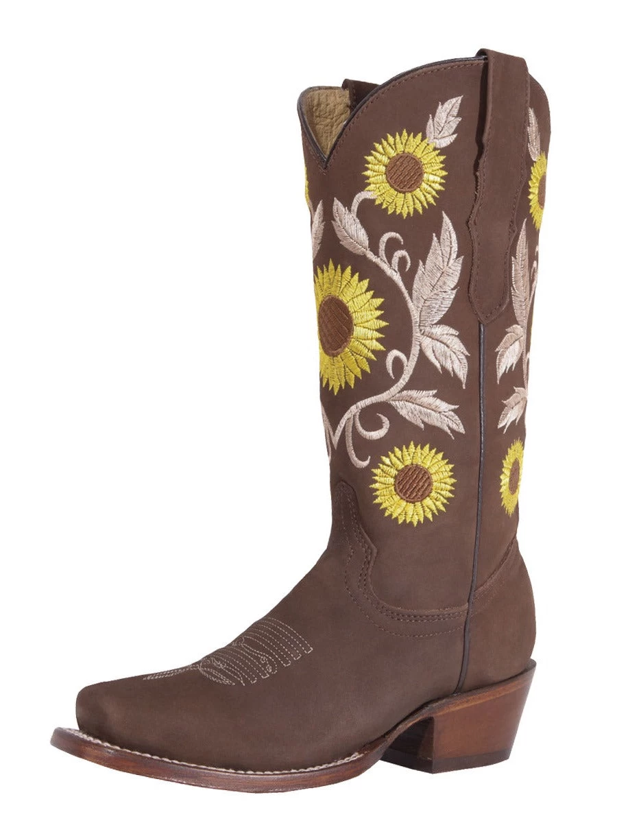 Botas Vaqueras Rodeo Retro Con Tubo Bordado De Girasoles De Piel Nobuck Para Mujer 'Centenario' - ID: 125771 - Imagen 2