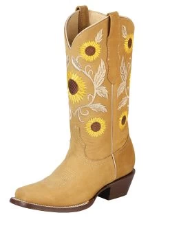 Botas Vaqueras Rodeo Retro Con Tubo Bordado De Girasoles De Piel Nobuck Para Mujer 'Centenario' - ID: 125772