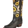 Botas Vaqueras Rodeo Retro Con Tubo Bordado De Girasoles De Piel Genuina Para Mujer 'Centenario' - ID: 125777