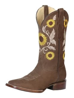 Botas Vaqueras Rodeo Con Tubo Bordado De Girasoles De Piel Nobuck Para Mujer 'Centenario' - ID: 126097