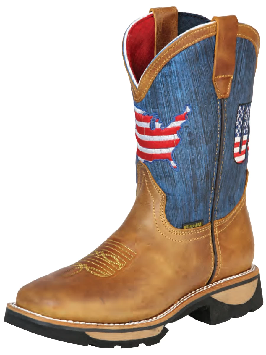 Botas De Trabajo Rodeo De Tubo Pull-On Bandera USA Con Punta Suave De Piel Genuina Para Hombre 'Buffalo & Bull' - ID: 126453