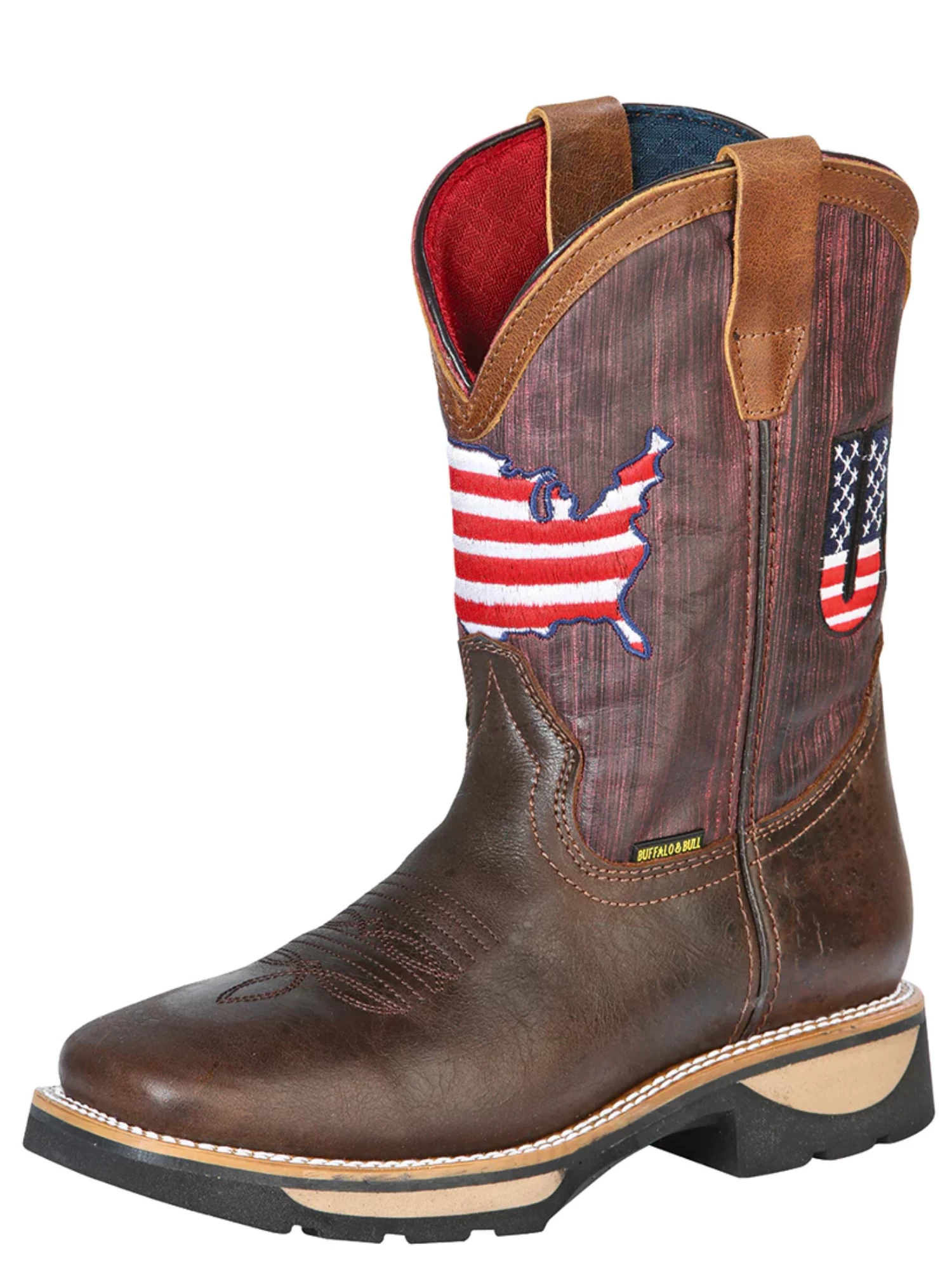 Botas De Trabajo Rodeo De Tubo Pull-On Bandera USA Con Punta Suave De Piel Genuina Para Hombre 'El General' - ID: 126466