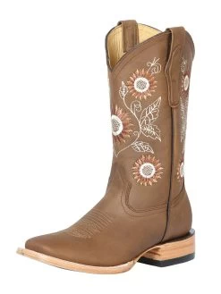 Botas Vaqueras Rodeo Con Tubo Bordado De Flores De Piel Genuina Para Mujer 'Centenario' - ID: 126623