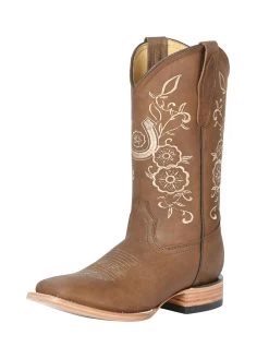 Botas Vaqueras Rodeo Con Tubo Bordado De Flores De Piel Genuina Para Mujer 'Centenario' - ID: 126625