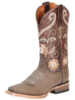 Botas Vaqueras Rodeo Con Tubo Bordado De Flores De Piel Genuina Para Mujer 'Centenario' - ID: 126652