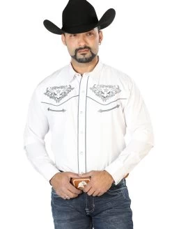 Camisa Vaquera Bordada Manga Larga Blanco Para Hombre 'El Señor De Los Cielos' - ID: 126677