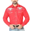 Camisa Vaquera Bordada Manga Larga Rojo Para Hombre 'El Señor De Los Cielos' - ID: 126678