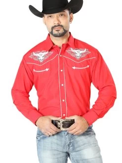Camisa Vaquera Bordada Manga Larga Rojo Para Hombre 'El Señor De Los Cielos' - ID: 126678
