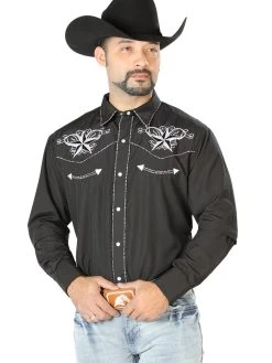 Camisa Vaquera Bordada Manga Larga Negro Para Hombre 'El Señor De Los Cielos' - ID: 126682
