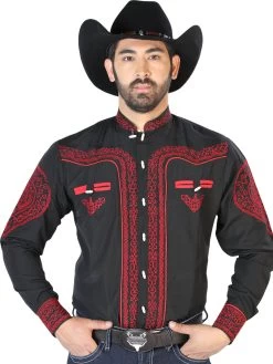 Camisa Vaquera Charra Bordada Manga Larga Negro Para Hombre 'El Señor De Los Cielos' - ID: 126687