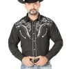 Camisa Vaquera Bordada Manga Larga Negro Para Hombre 'El Señor De Los Cielos' - ID: 126691