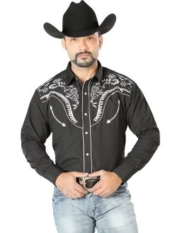 Camisa Vaquera Bordada Manga Larga Negro Para Hombre 'El Señor De Los Cielos' - ID: 126691