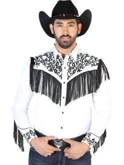 Camisa Vaquera Bordada Manga Larga Blanco Para Hombre 'El Señor De Los Cielos' - ID: 126698