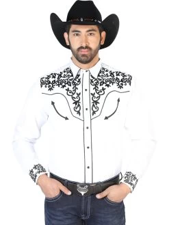 Camisa Vaquera Bordada Manga Larga Blanco Para Hombre 'El Señor De Los Cielos' - ID: 126702