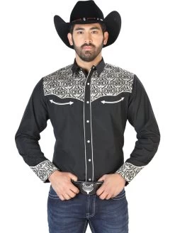 Camisa Vaquera Bordada Manga Larga Negro Para Hombre 'El Señor De Los Cielos' - ID: 126704