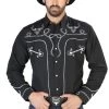Camisa Vaquera Bordada Manga Larga Negro Para Hombre 'El Señor De Los Cielos' - ID: 126711